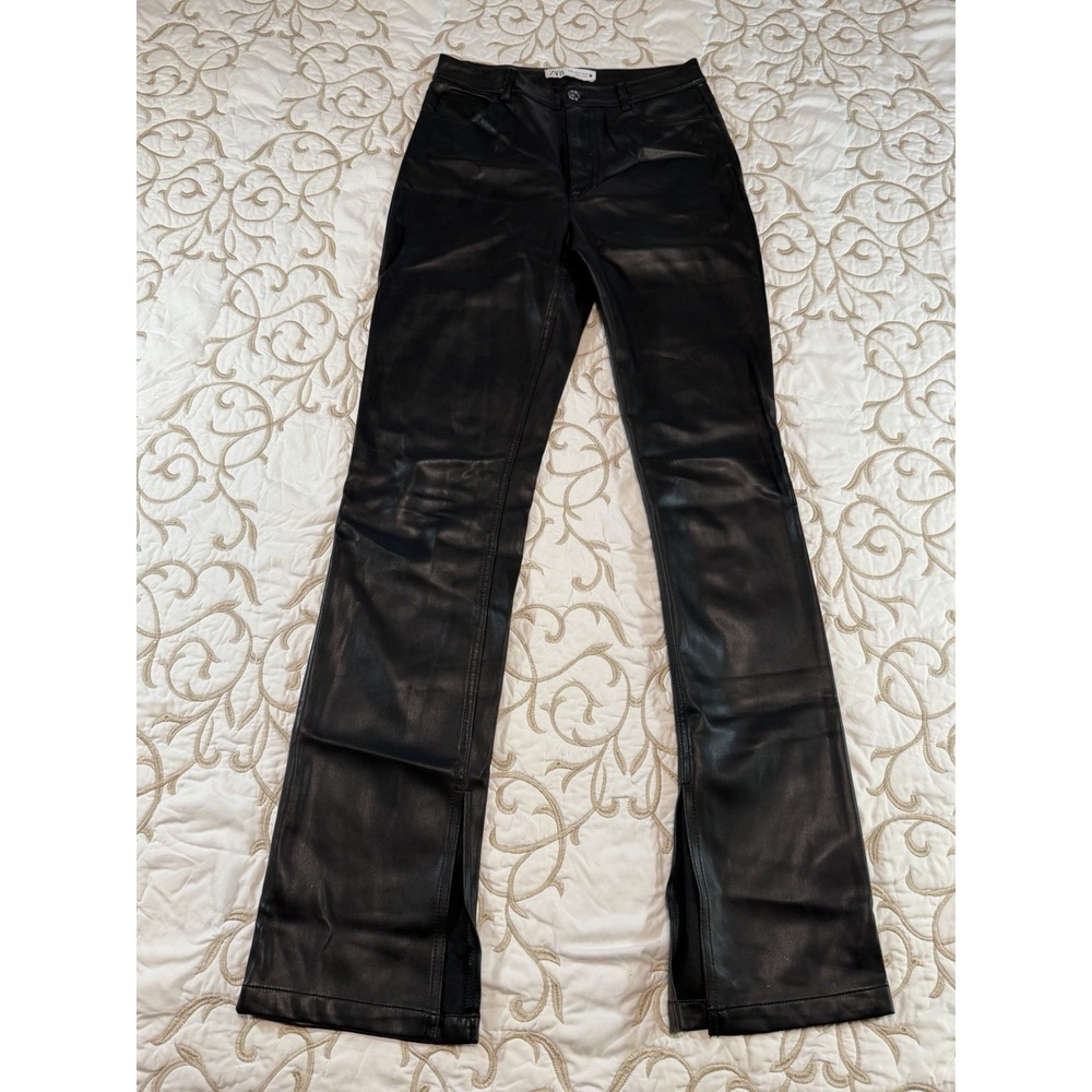 Zara Womens Faux Leather Pants Size 4 Black Straight Leg Ankle Slit Coated